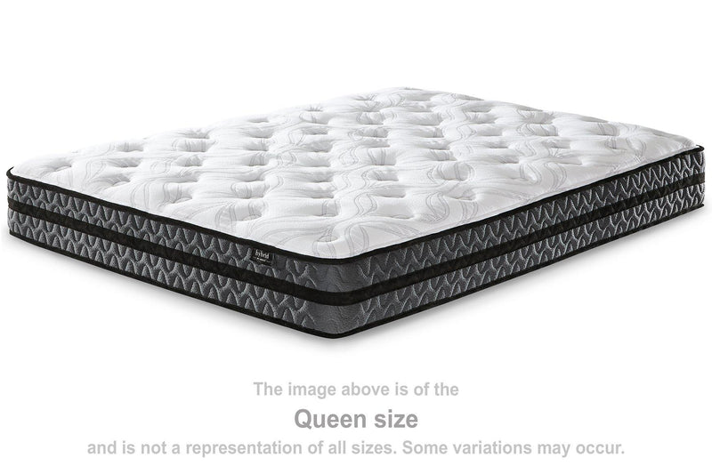 10-inch hybrid mattress by Ashley Furniture featuring pocketed coils and plush fabric top for comfortable sleep.