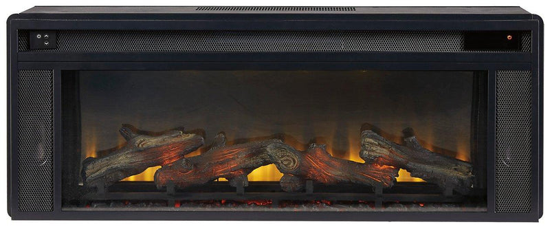 Ashley Darborn 88-inch TV stand with electric fireplace, showcasing sleek wood finish, storage cabinets, and modern design.