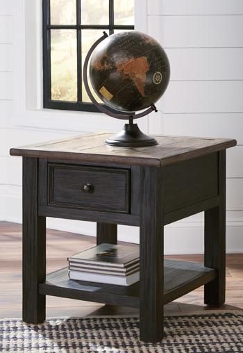 Ashley Furniture Tyler Creek End Table Set showing two wooden end tables with a rustic finish and modern design.