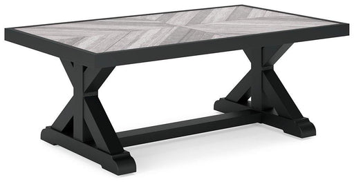 Outdoor cocktail table from Ashley Furniture's Beachcroft collection, featuring a stylish and durable design for outdoor use.