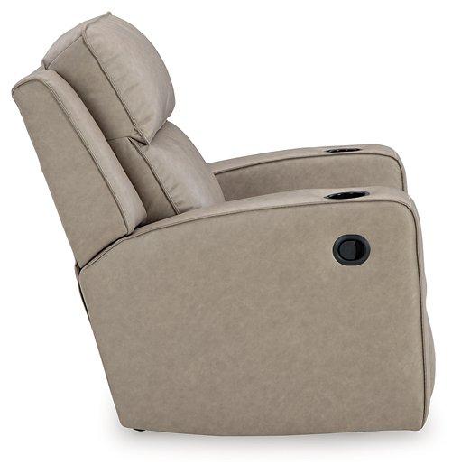 Lavenhorne recliner by Ashley Furniture, plush beige fabric with padded armrests and a comfortable reclining feature.