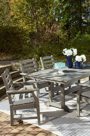 Outdoor dining set with a rectangular table and four chairs from Ashley Furniture, featuring a modern design and sturdy construction.