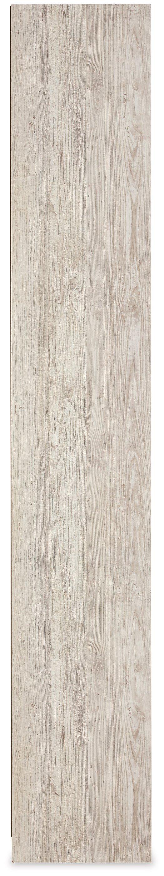 Ashley Furniture Willowton Pier media tower with open shelving and storage compartments, in a warm wood finish.