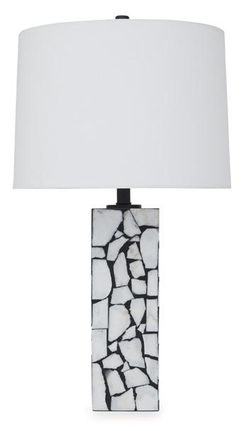 Macaria table lamp by Ashley Furniture featuring a sleek base and fabric lampshade, ideal for modern home décor.