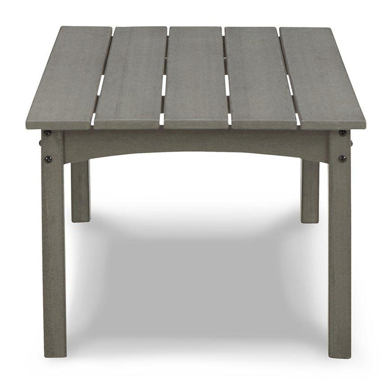 Ashley Furniture Visola outdoor loveseat and coffee table set with cushioned seating and rustic wood finish, ideal for patio lounging.