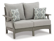 Ashley Furniture Visola outdoor sofa, loveseat, and coffee table set with plush cushions and modern design for outdoor patio lounging