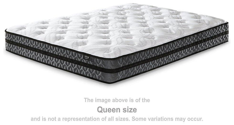 10-inch Ashley Furniture hybrid mattress with pocketed coils and plush fabric cover, designed for comfort and support.