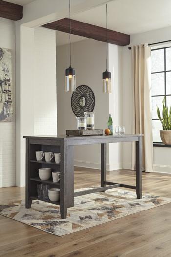 Set of Ashley Furniture Caitbrook counter height dining barstools with wooden seats and metal frames, arranged around a dining table.