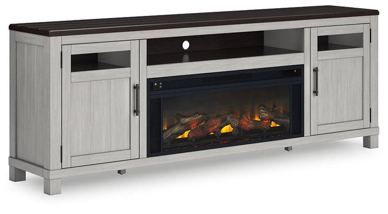 Ashley Darborn 88-inch TV stand with built-in electric fireplace, showcasing modern wood finish and ample storage.