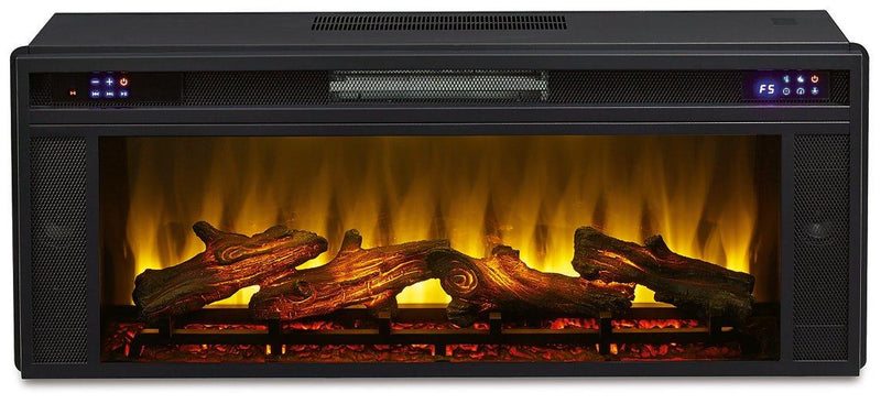 Ashley Darborn 88-inch TV stand with electric fireplace, featuring modern design and open shelving for media storage.
