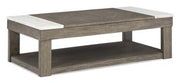 Ashley Furniture Loyaska occasional table set with two modern wooden tables featuring sleek design and natural wood finish.