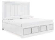 Ashley Furniture Chalanna upholstered storage bed with tufted headboard and built-in storage drawers in a modern bedroom setting.
