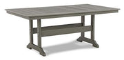 Outdoor dining set with Ashley Furniture Visola table and four matching chairs, featuring a sleek design for patio use.