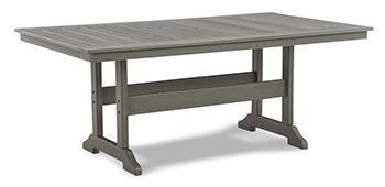 Outdoor dining set with Ashley Furniture Visola table and four matching chairs, featuring a sleek design for patio use.