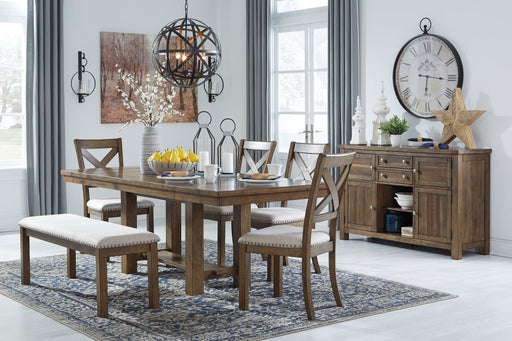 Ashley Moriville dining room set featuring a wooden table and six matching chairs in a stylish, modern design.