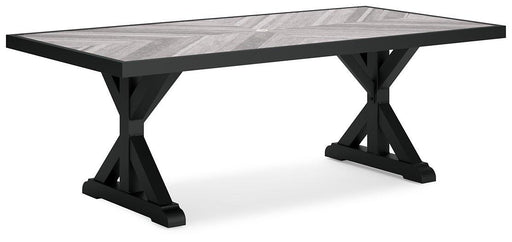 Outdoor dining table by Ashley Furniture, Beachcroft style, featuring a spacious surface and sturdy design for outdoor gatherings.