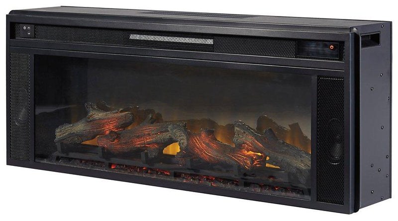 Ashley Darborn 88-inch TV stand with electric fireplace featuring storage cabinets and a modern wood finish.