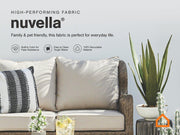 Ashley Furniture Visola outdoor loveseat and coffee table set with cushioned seating and modern design in an outdoor patio setting.
