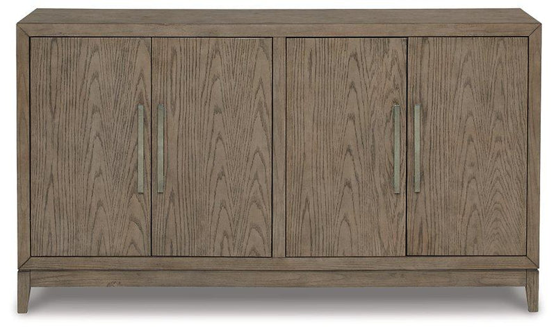 Ashley Furniture Chrestner Dining Server with open shelves and drawers, showcasing a stylish wood finish and elegant design.