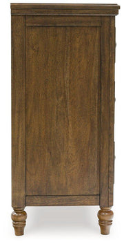 Ashley Furniture Sturlayne dresser and mirror set showing a wooden dresser with a matching mirror in a modern bedroom setting.