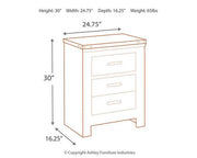 Ashley Furniture Trinell nightstand with two drawers and round metal handles, made of wood with a warm finish.