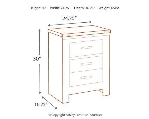 Ashley Furniture Trinell nightstand with two drawers and round metal handles, made of wood with a warm finish.