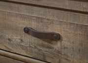 Ashley Furniture Trinell Nightstand with a dark wood finish and simple drawer design, shown in a well-lit bedroom setting.