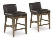 Cabalynn counter height barstool by Ashley Furniture with wooden legs, upholstered seat, and backrest for a modern dining area.