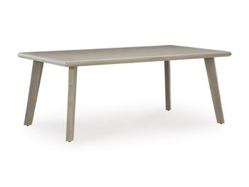 Outdoor dining set by Ashley Furniture with a rectangular table and six matching chairs, set on a patio with greenery.