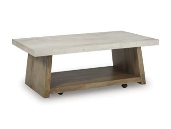 Set of Ashley Furniture Brendalhouse stationary occasional tables with wooden tops and metal legs, arranged together.
