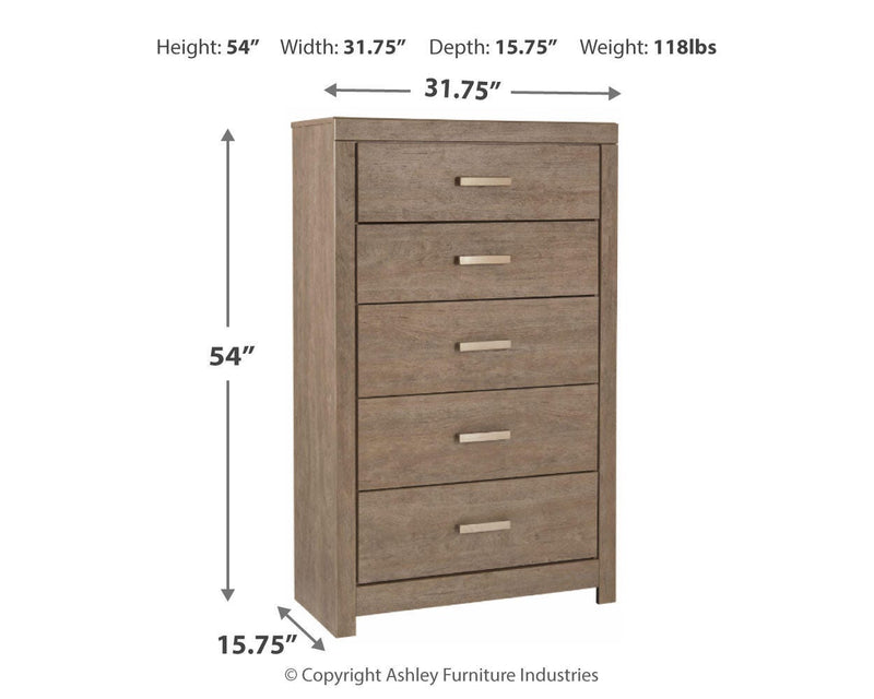 Ashley Furniture Culverbach chest of drawers with dark wood finish, featuring multiple drawers and classic design.