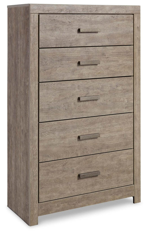 Ashley Furniture Culverbach chest of drawers with dark wood finish and multiple drawers, detailed close-up of the furniture piece.