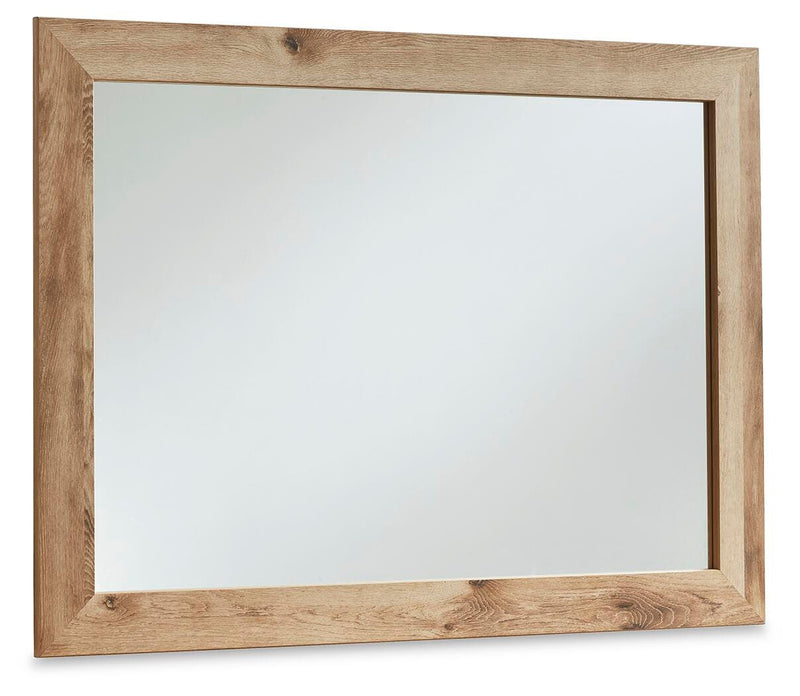 Ashley Furniture Hyanna bedroom mirror with a sleek, rectangular design reflected in a close-up side angle.