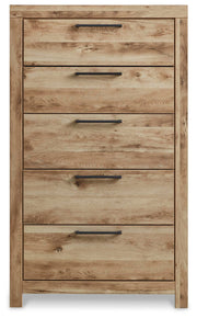 Ashley Furniture Hyanna chest of drawers with a sleek wood finish, featuring multiple drawers and modern design.