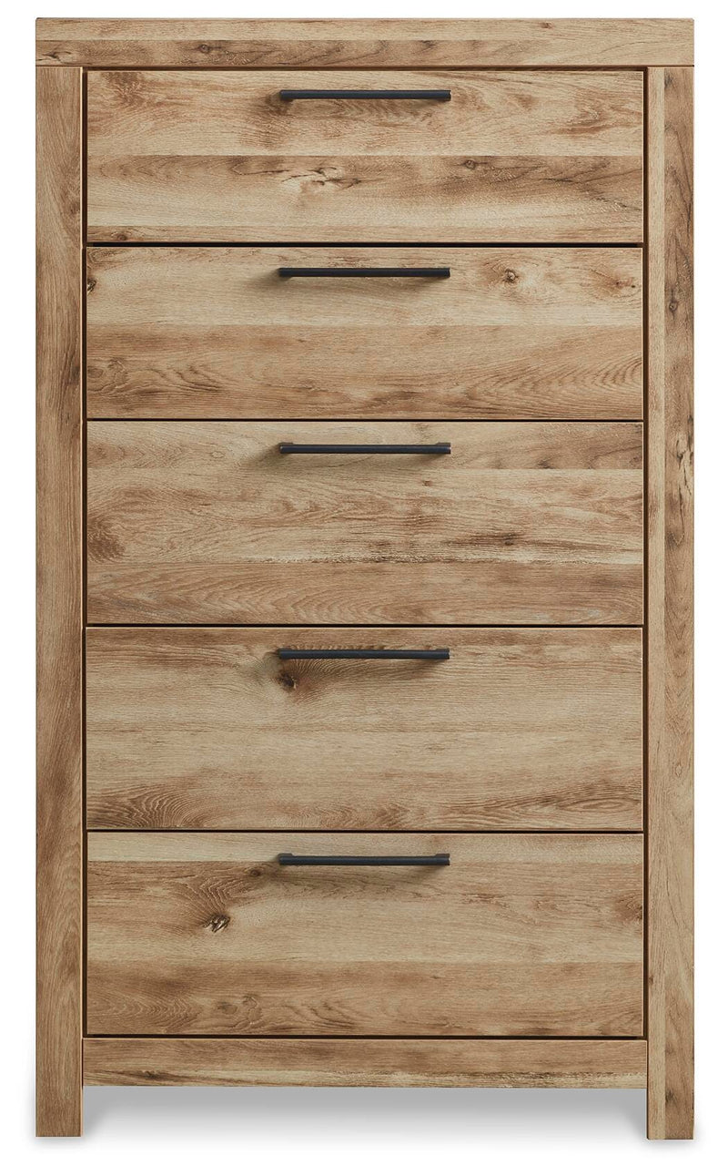 Ashley Furniture Hyanna chest of drawers with a sleek wood finish, featuring multiple drawers and modern design.