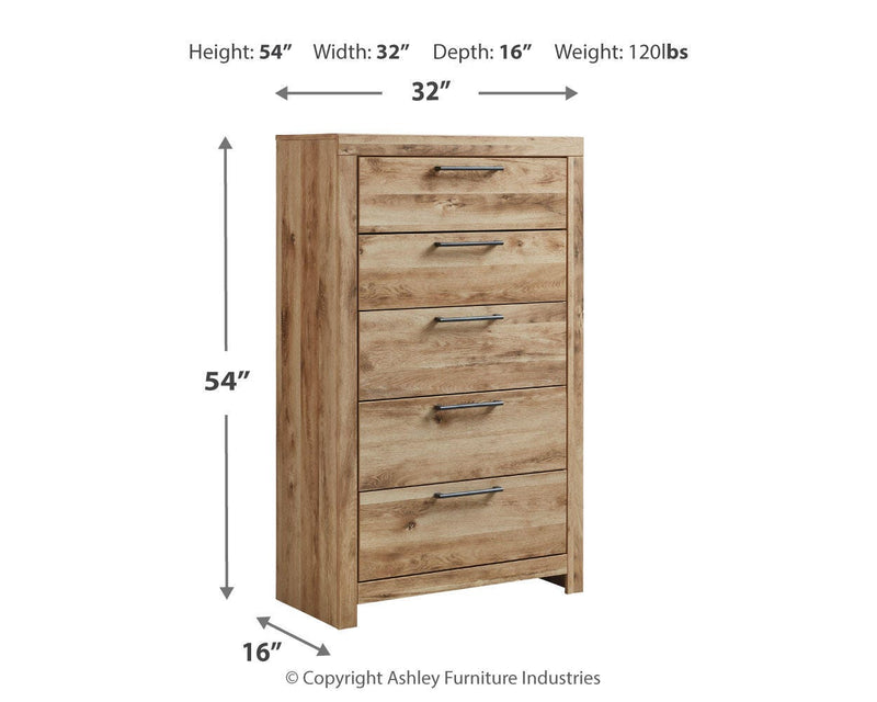 Ashley Furniture Hyanna chest of drawers with a dark wood finish and modern design, featuring multiple drawers for storage.