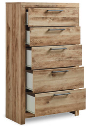 Open angle view of Ashley Furniture Hyanna Chest of Drawers showing its wooden finish and multiple storage drawers.