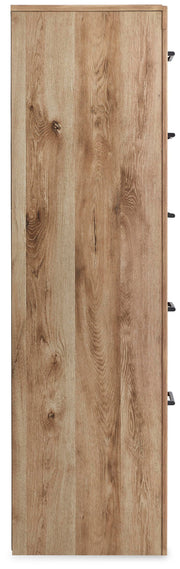 Ashley Furniture Hyanna chest of drawers with a sleek wood finish and modern design, shown from the side view.