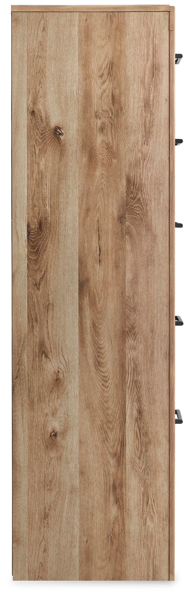 Ashley Furniture Hyanna chest of drawers with a sleek wood finish and modern design, shown from the side view.