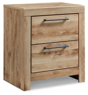 Ashley Furniture Hyanna nightstand with closed drawer, angled view showcasing dark wood finish and modern design.