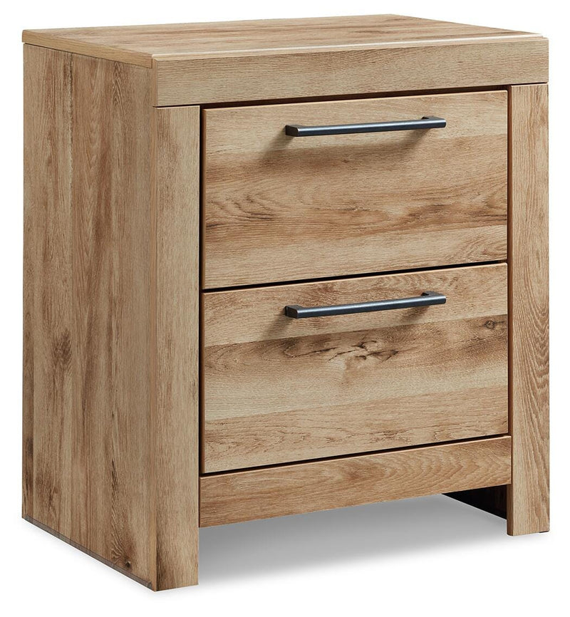 Ashley Furniture Hyanna nightstand with closed drawer, angled view showcasing dark wood finish and modern design.