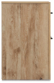 Ashley Furniture Hyanna nightstand with a sleek wooden finish and modern design, featuring a drawer and open shelf for bedroom storage.