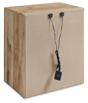 Ashley Furniture Hyanna nightstand with USB ports, featuring a sleek wood finish and modern design, shown in the image.