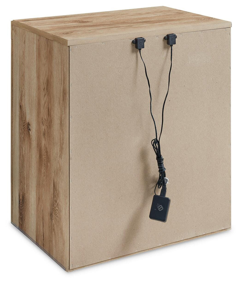 Ashley Furniture Hyanna nightstand with USB ports, featuring a sleek wood finish and modern design, shown in the image.