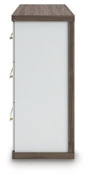 Ashley Furniture Kendanport Dresser with multiple drawers and a sleek wood finish, shown from the side angle.