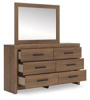 Ashley Furniture Broachmyn dresser with mirror, featuring a wooden finish and modern design, shown from an angled open view.