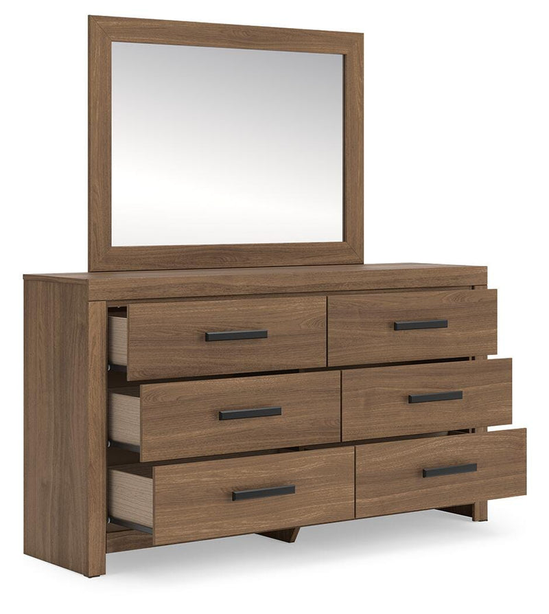 Ashley Furniture Broachmyn dresser with mirror, featuring a wooden finish and modern design, shown from an angled open view.