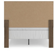Ashley Furniture Broachmyn Bed in warm wood finish, showcasing a modern bed frame with detailed headboard design.