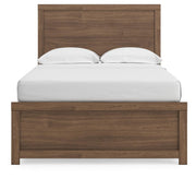 Ashley Furniture Broachmyn Bed with a tall upholstered headboard and dark wood finish, shown from a head-on angle.