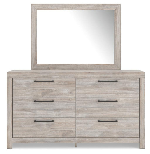Ashley Furniture Broachmyn dresser and mirror set with a polished wood finish and modern design, shown from the front.